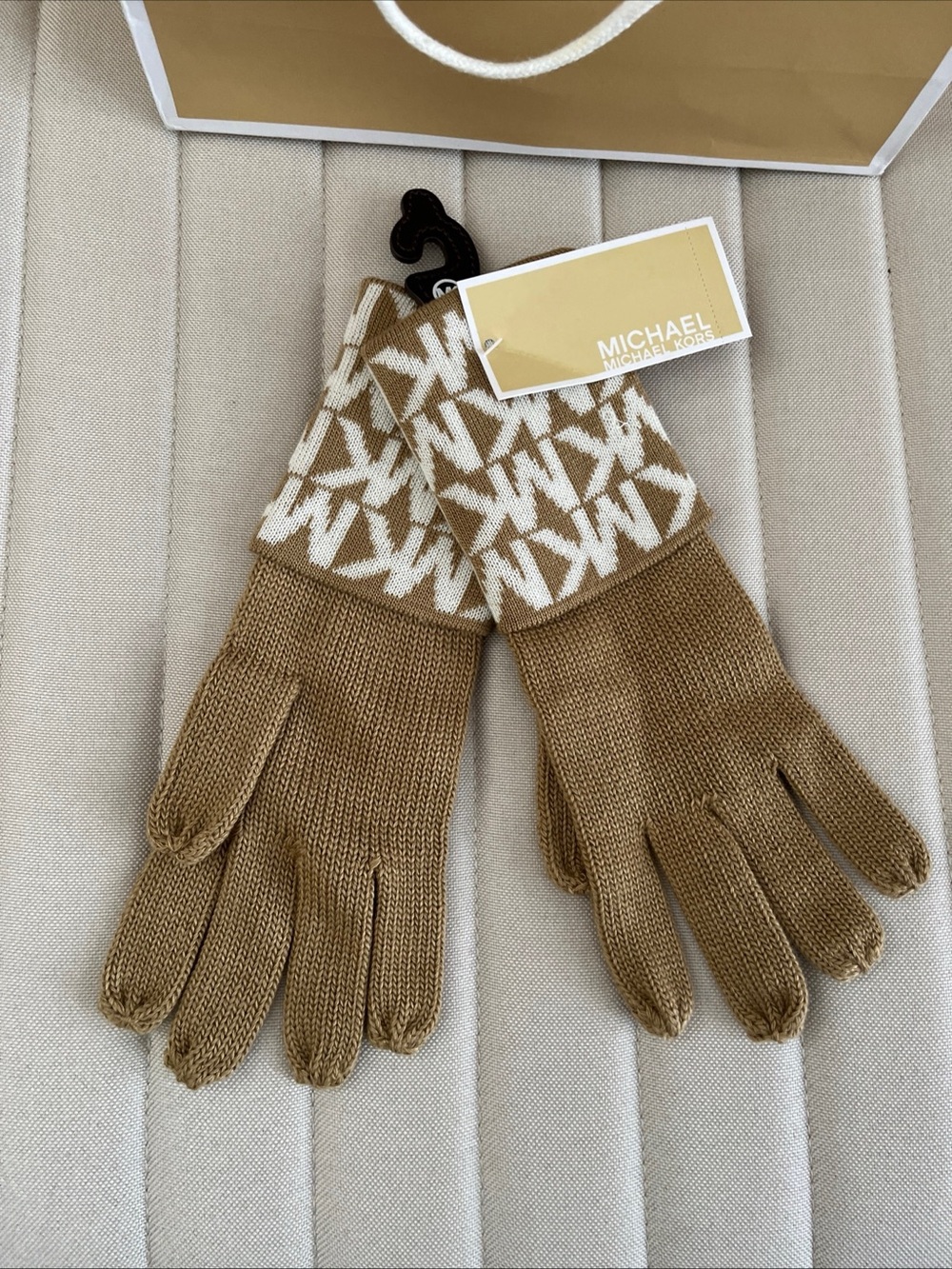 Michael Kors Camel & Cream Logo Knit Gloves